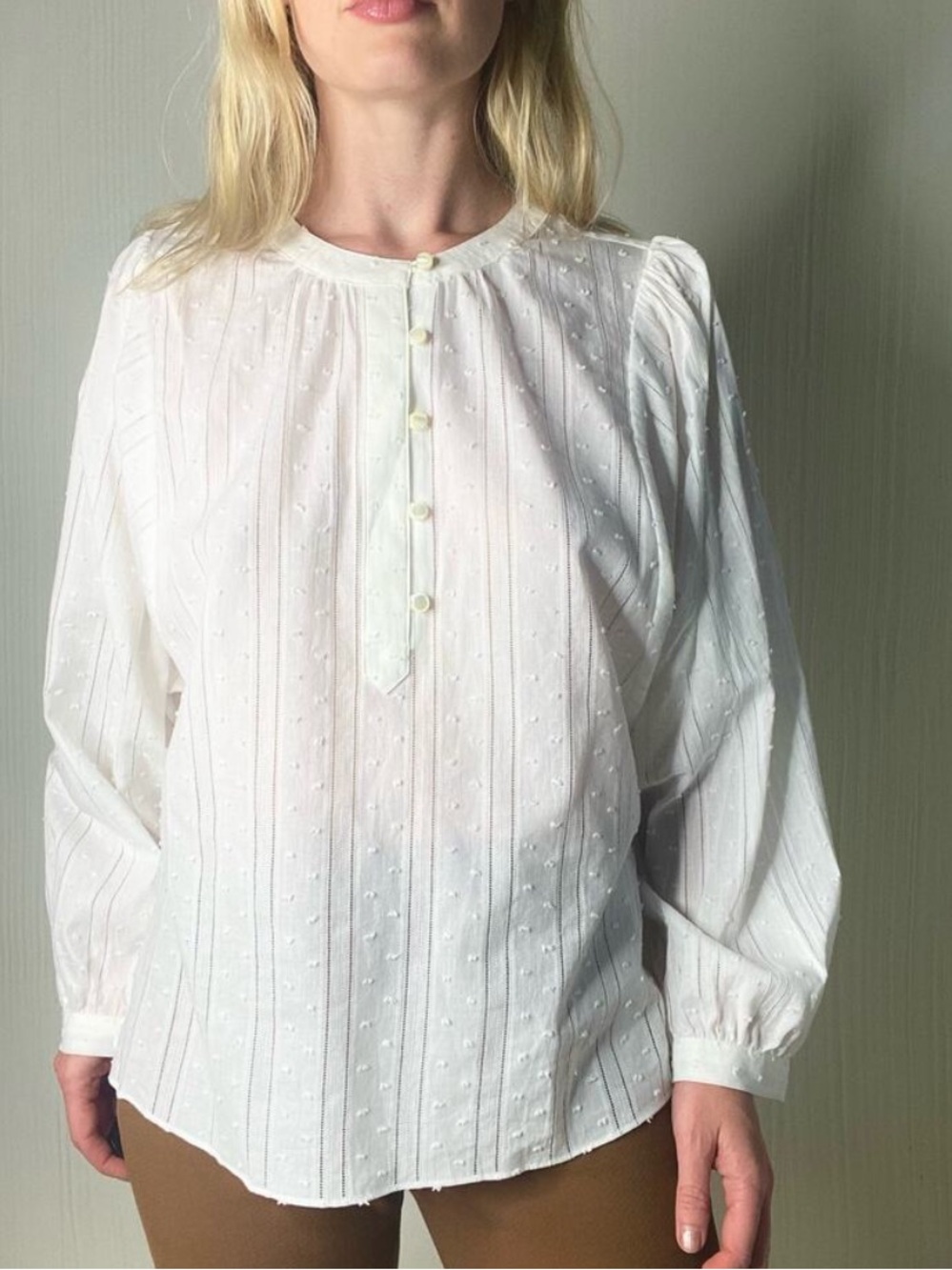Alex Mill White Cotton Swiss Polka Dot Popover Long Sleeve Blouse Size S